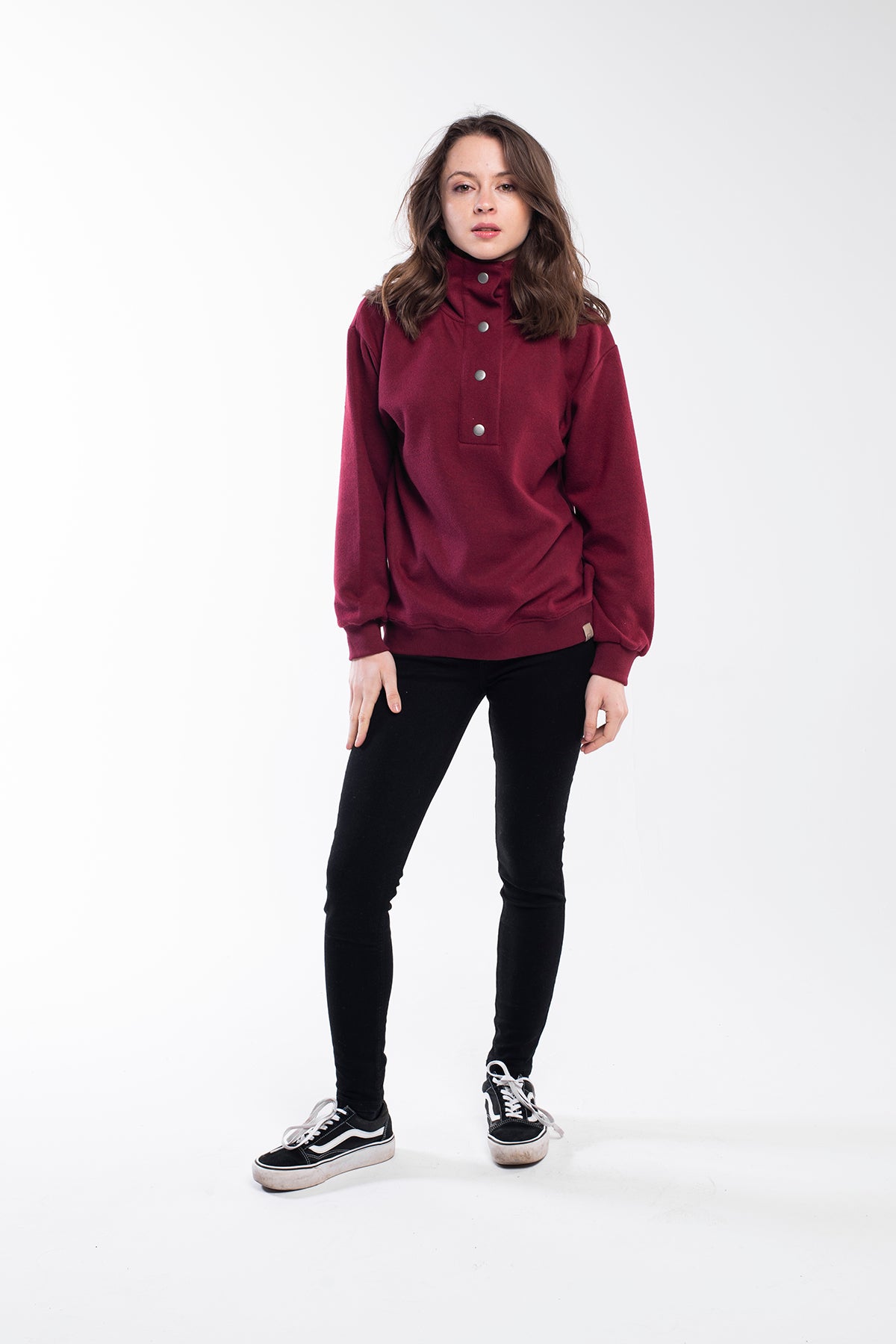 Regular fit high neck buttoned sweater in fuchsia purple.