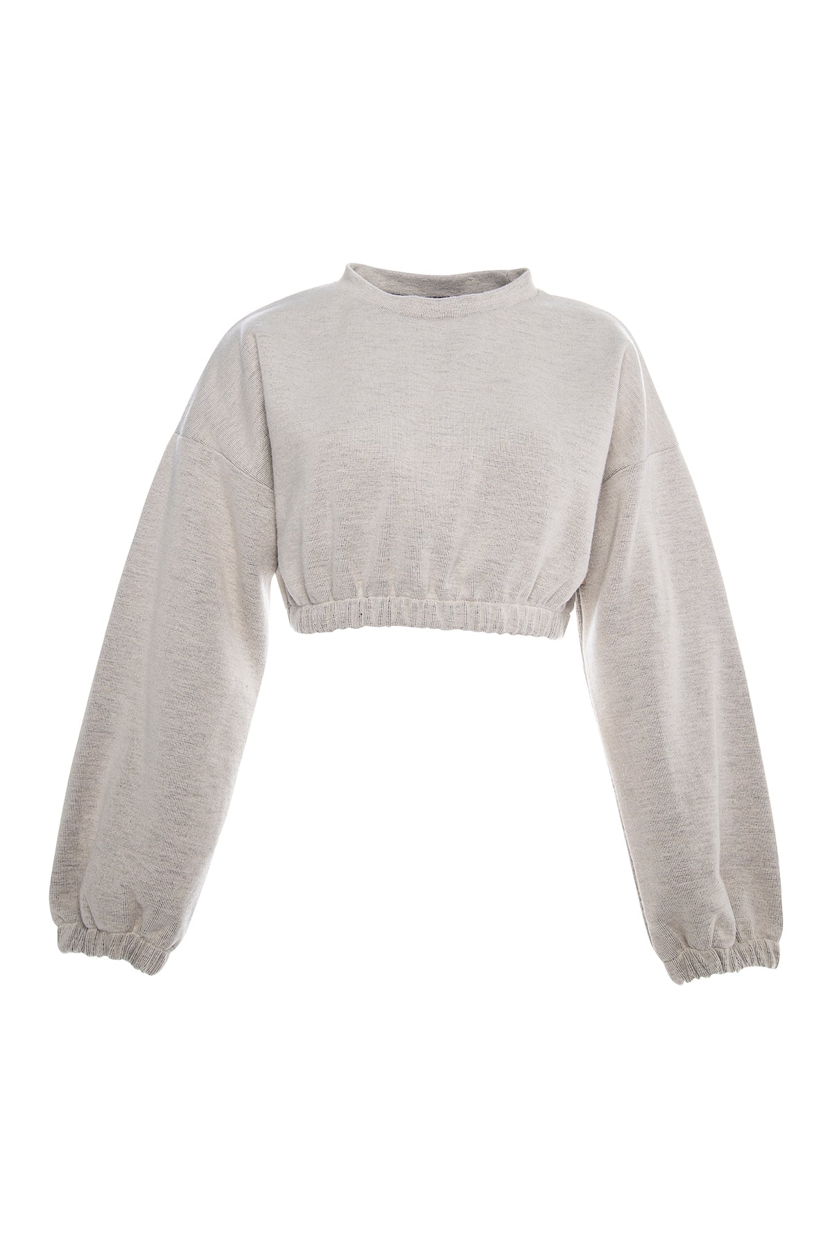 Short elastic waist crop top sweatshirt in light beige.