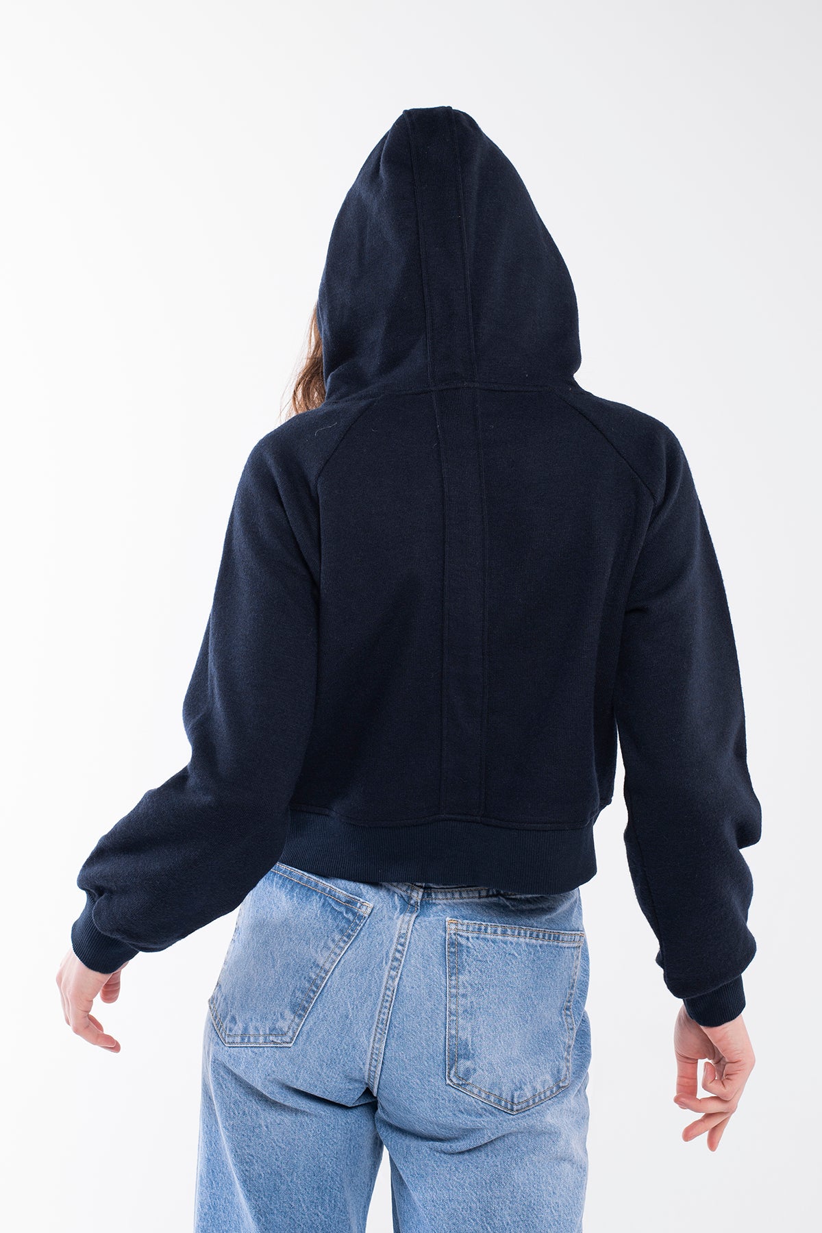 Soft-feeling cozy cropped hoodie in navy blue.