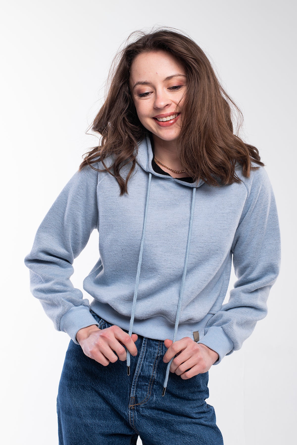 Cropped hoodie in sky blue for women.