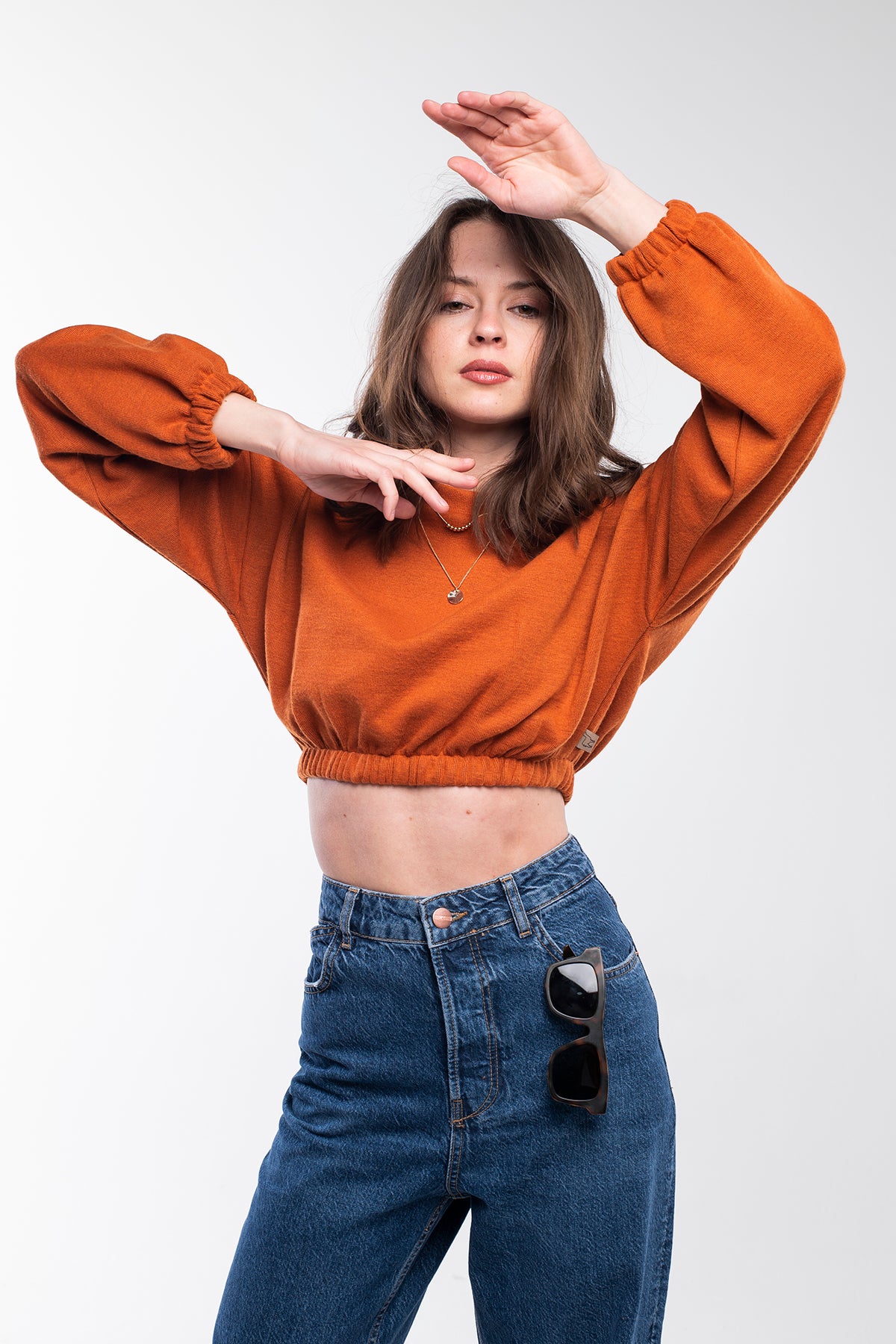 Oversized crew neck crop top in tiger orange.