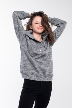 Regular fit high neck buttoned sweater in grey melange.