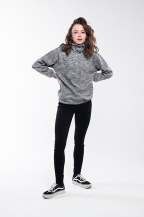 Cozy high neck buttoned pullover for women in grey melange.