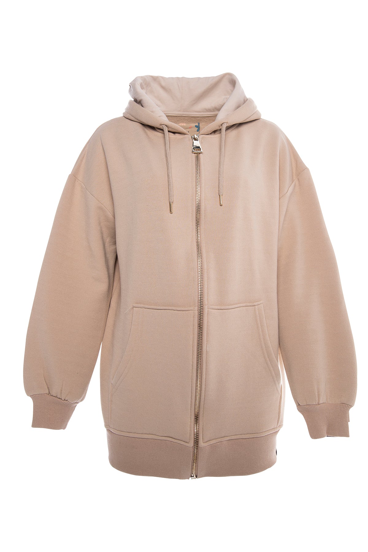 Oversize front zip hoodie in light brown.