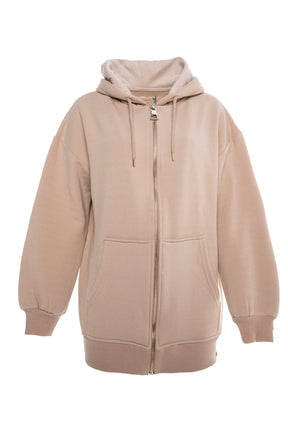 Oversize front zip hoodie in light brown.