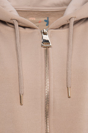 Oversized full-zip hoodie with gold zipper in light brown