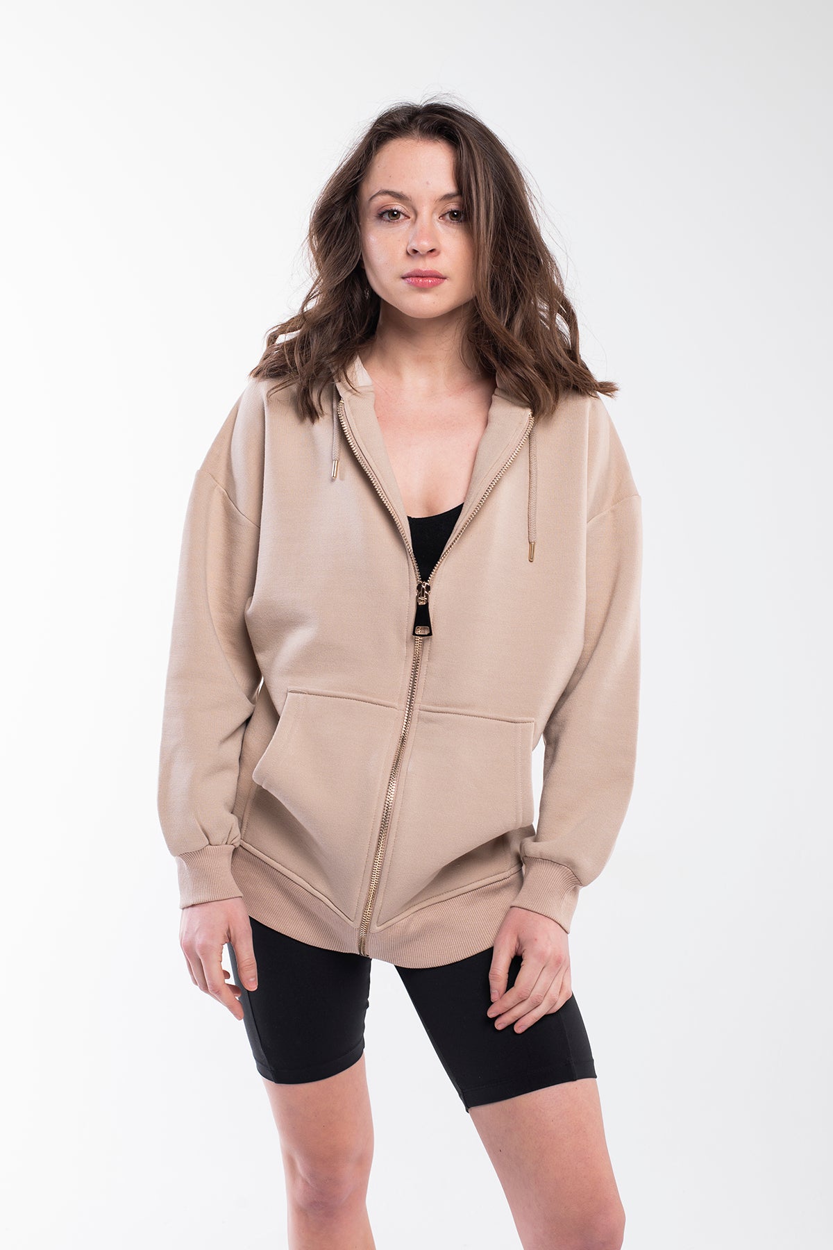 Everyday use full zip hoodie in light brown.