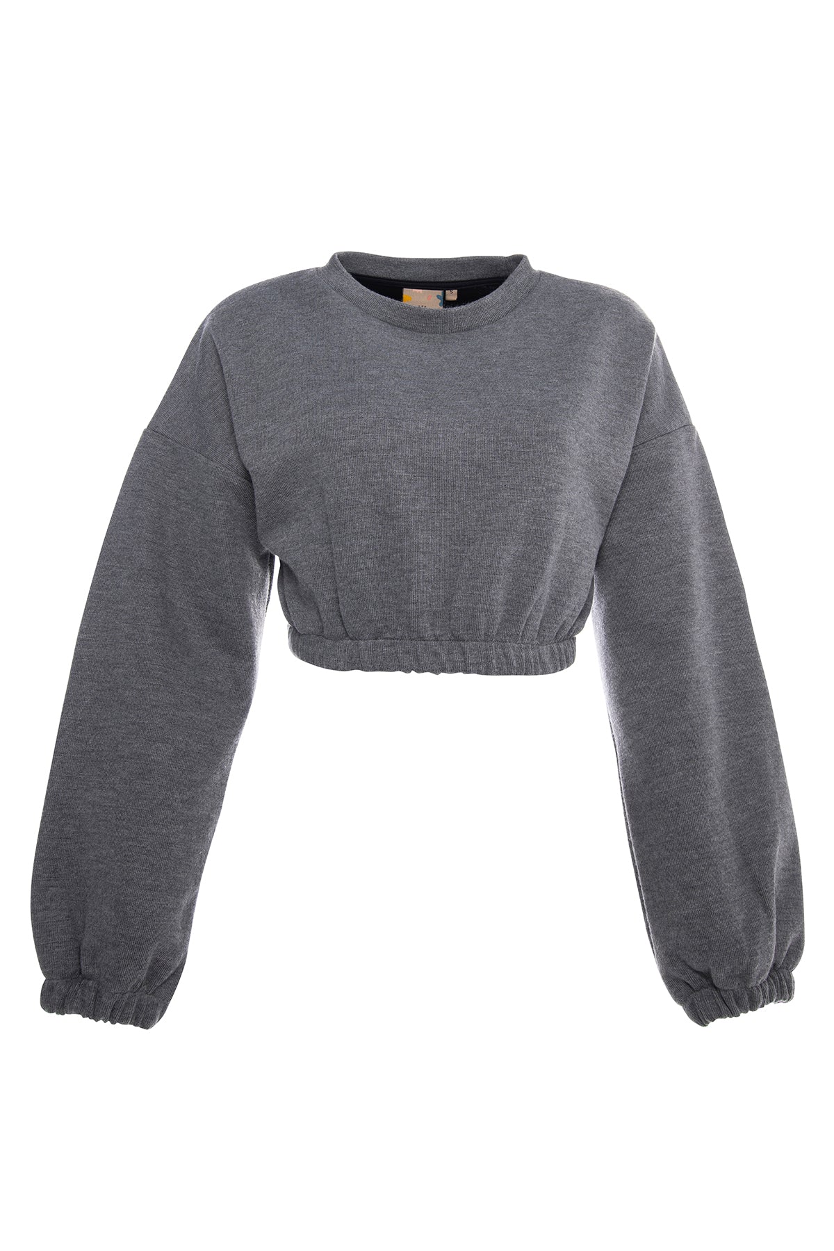 Light grey short elastic waist crop top sweatshirt.