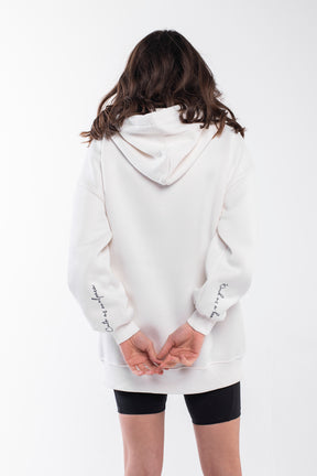 Thermal hoodie with drop shoulder, drawstring and golden zipper in rice white..