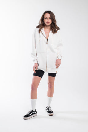 Oversize zip up hoodie in rice white  with golden zipper.