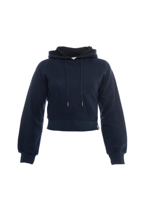 Comfortable short hoodie for women in dark blue.