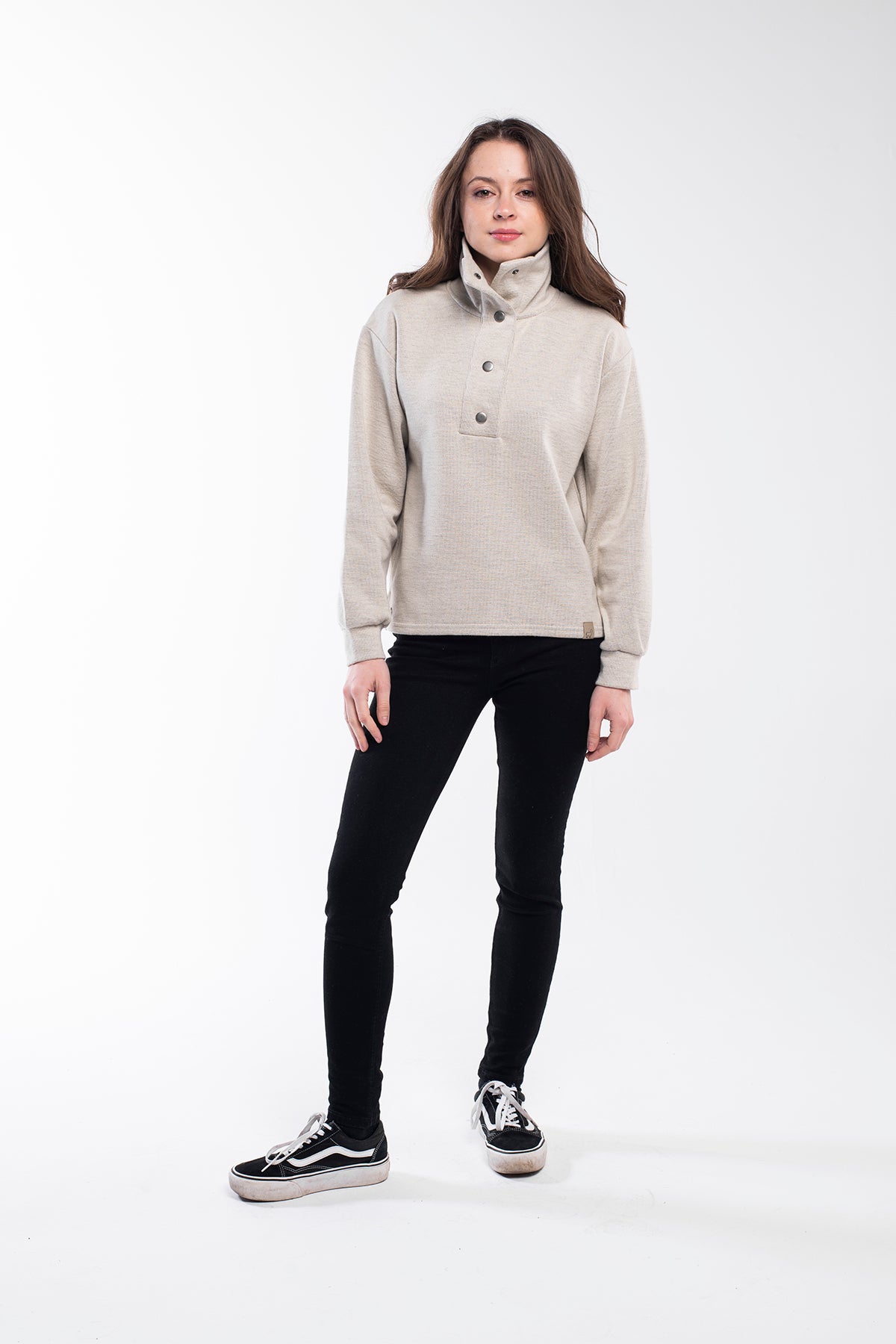 Regular fit high neck buttoned sweater in beige white with side buttons.
