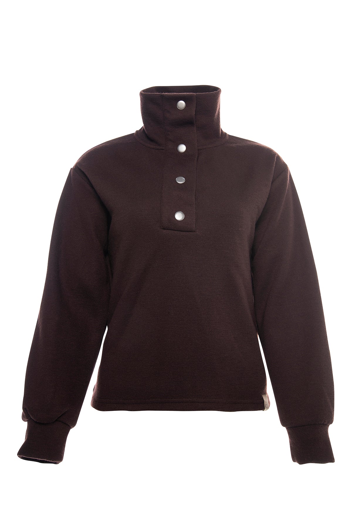 High neck buttoned sweater with side buttons in brown.