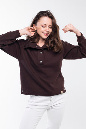 Regular fit high neck buttoned sweater in brown with side buttons.