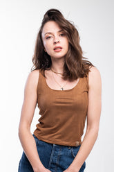Brown soft-feeling knit top for women.