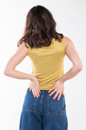Golden yellow slim-fitting knit top for women.