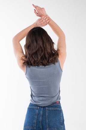 Smoked grey slim-fitting knit top for women.