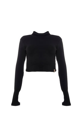 Soft, fine-knit turtleneck sweater in black for women.