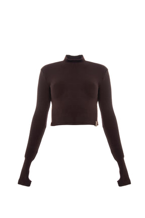 Soft, fine-knit turtleneck sweater in dark brown for women.