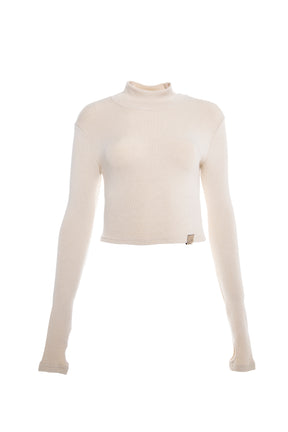 Soft, fine-knit turtleneck sweater in light beige for women.